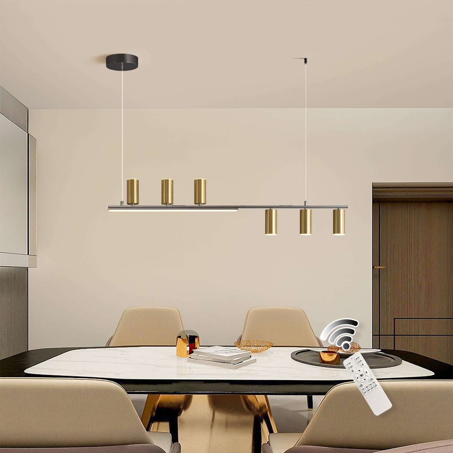 Dimmable LED Chandelier, 43'' Black Modern Chandeliers with Remote, 6-Light Linear LED (48W)