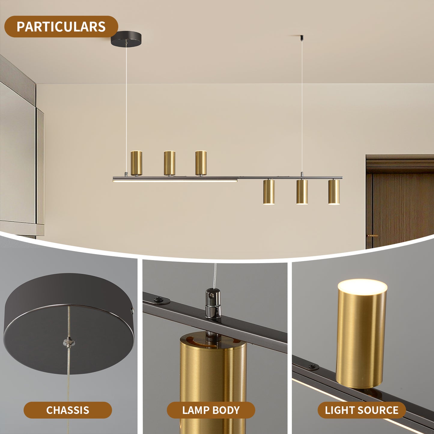 Dimmable LED Chandelier, 43'' Black Modern Chandeliers with Remote, 6-Light Linear LED (48W)