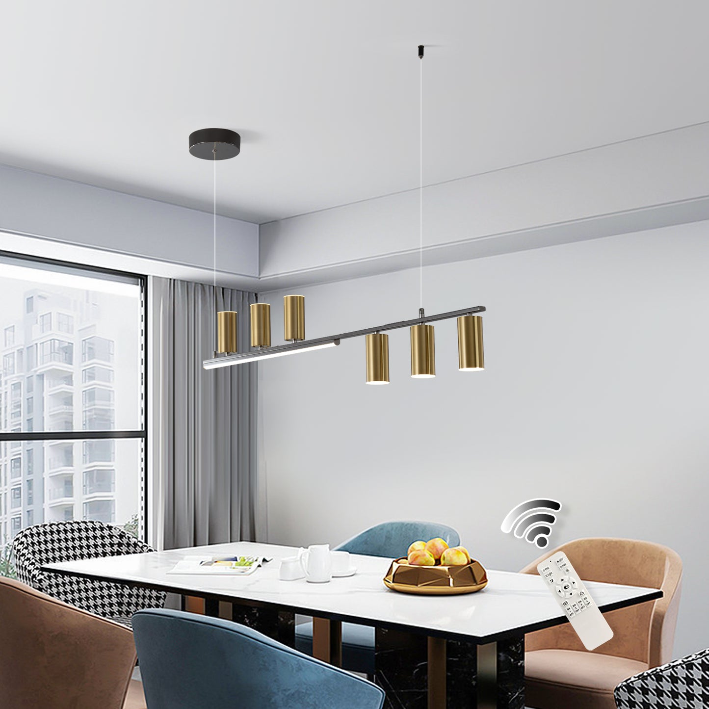 Dimmable LED Chandelier, 43'' Black Modern Chandeliers with Remote, 6-Light Linear LED (48W)