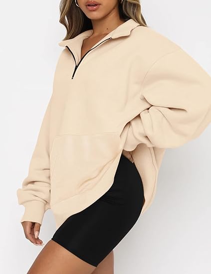 AoMoon Women Half Zip Oversized Sweatshirts Long Sleeve Drop Shoulder