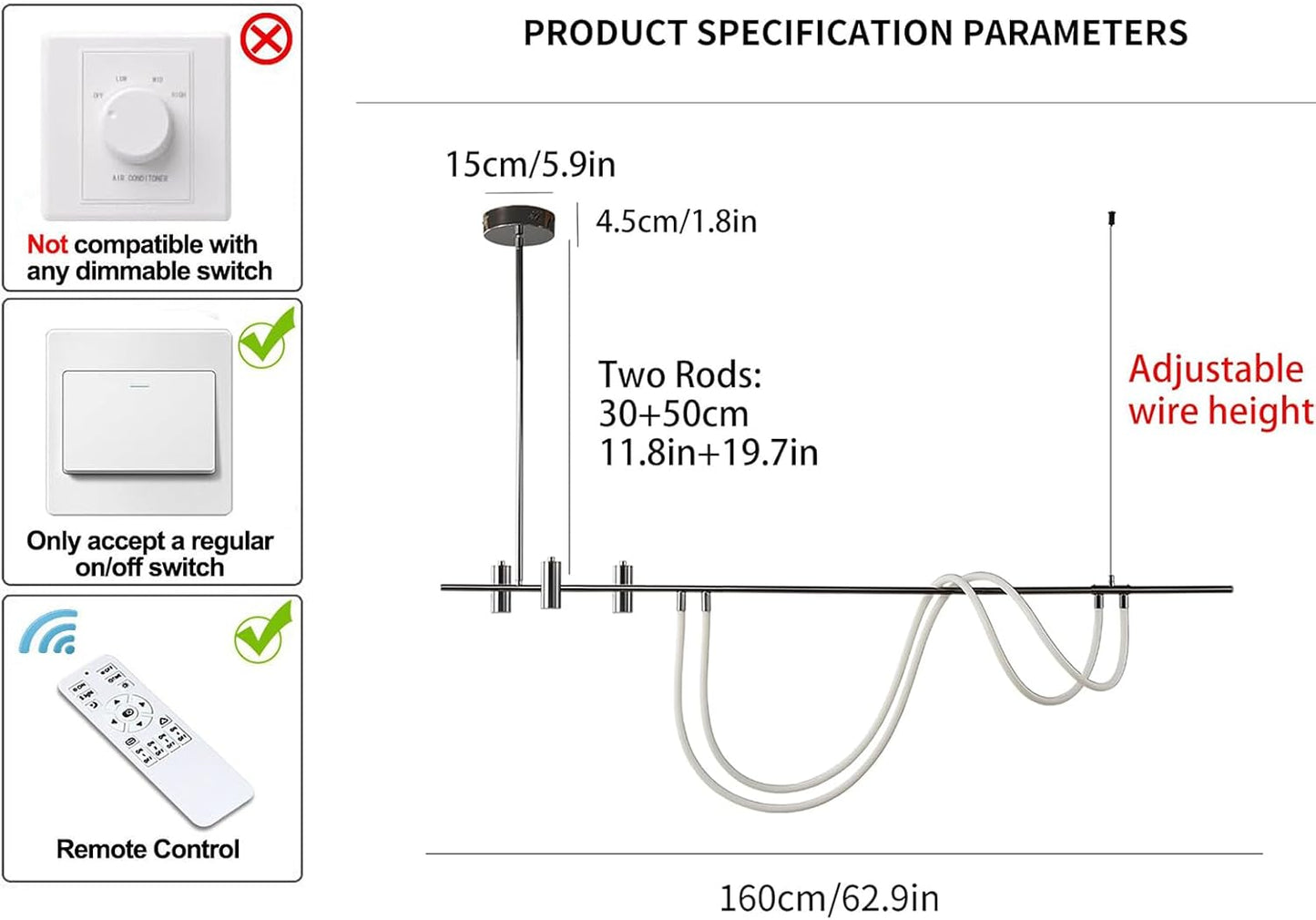 Ganeed Modern Chandelier,60W Dimmable LED Pendant Light with Remote(Length 62.9 in)
