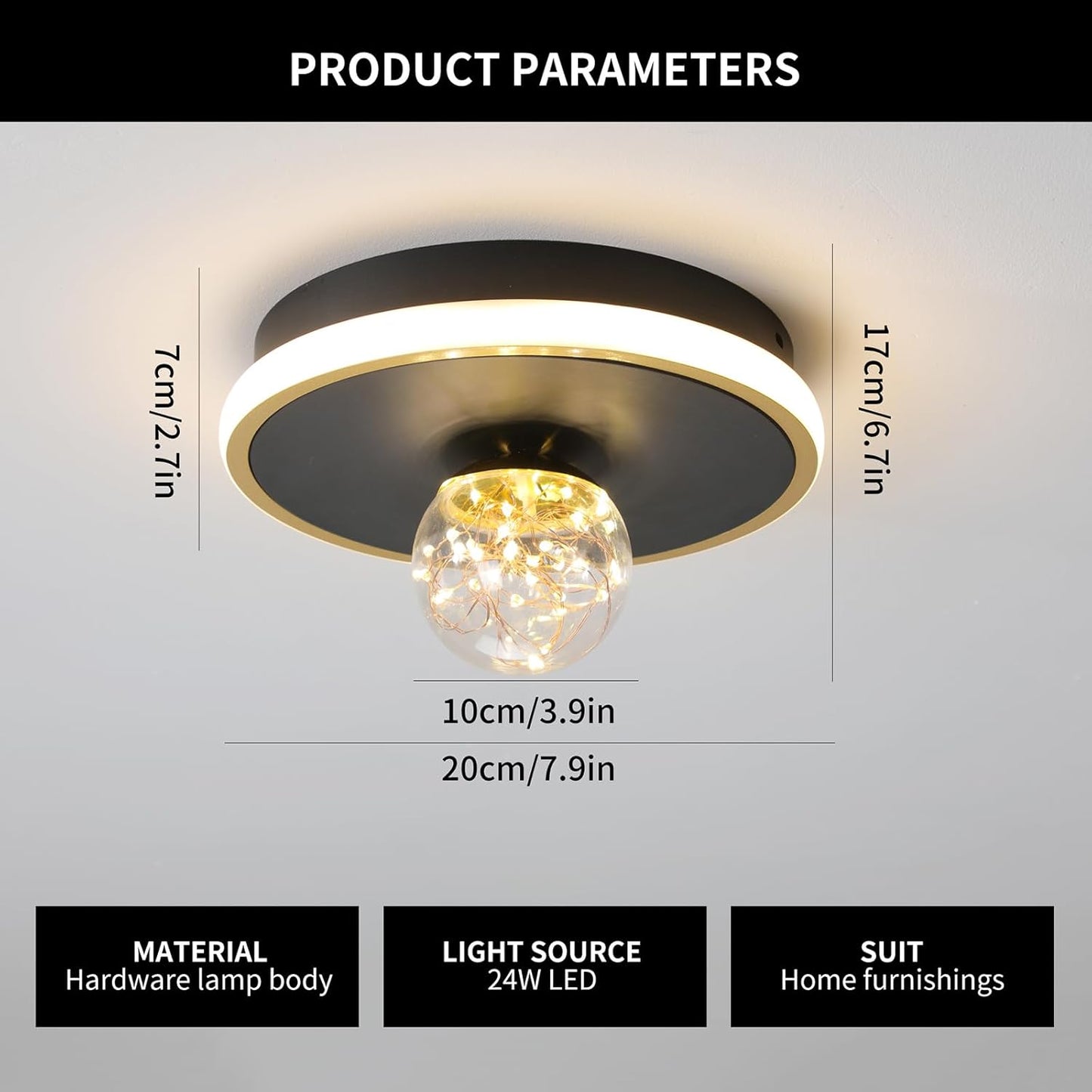 Gawarm LED Ceiling Lights,24W Hallway Light,Black and Gold Chandelier(3000K/Warm Light/20CM)