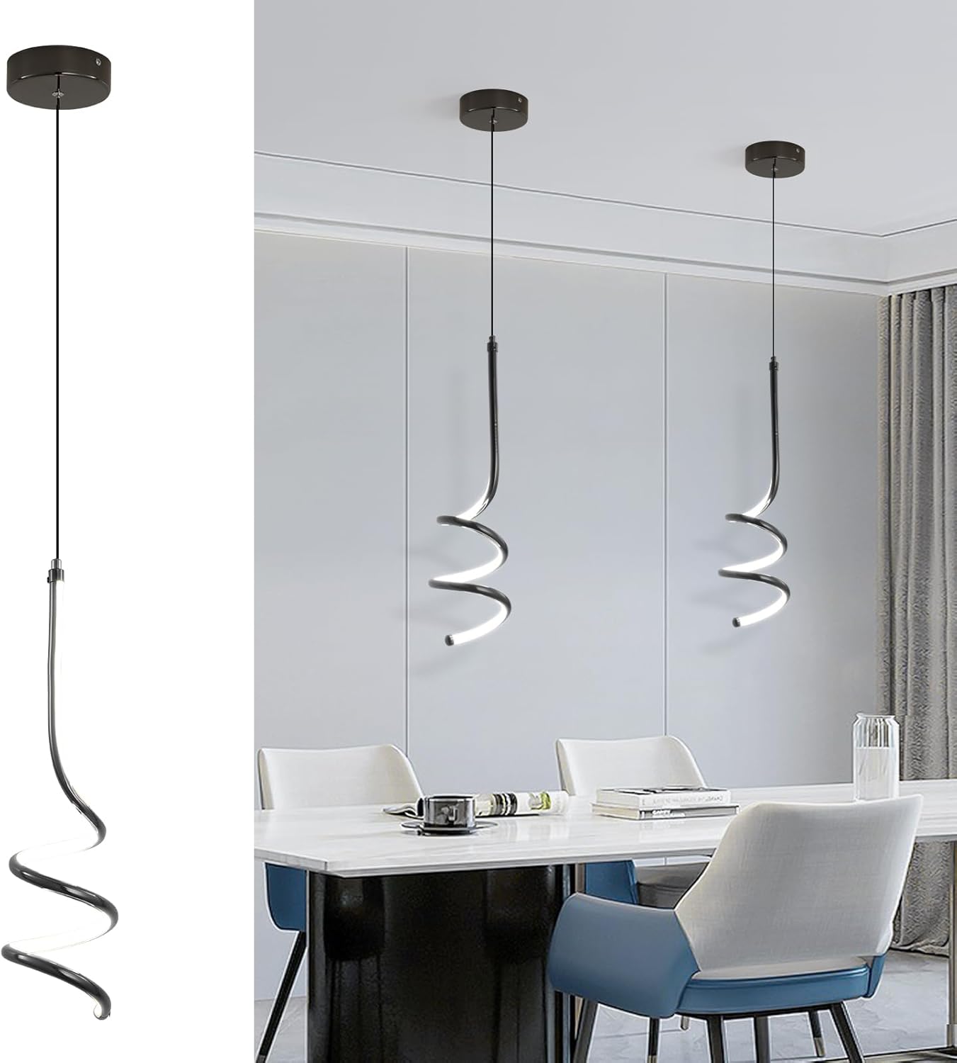 Jaycomey Modern Spiral Pendant Light, 24W Led Pendant, 2 Pack (Cool/Warm/Neutral Light)