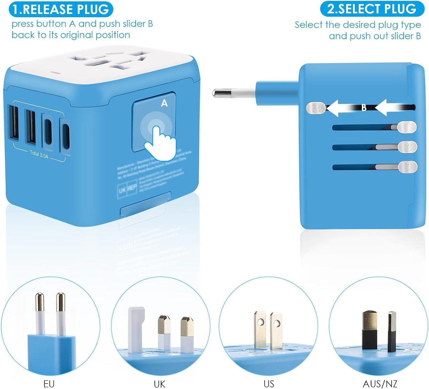 All in One Universal Travel Adapter with 2 USB C & A