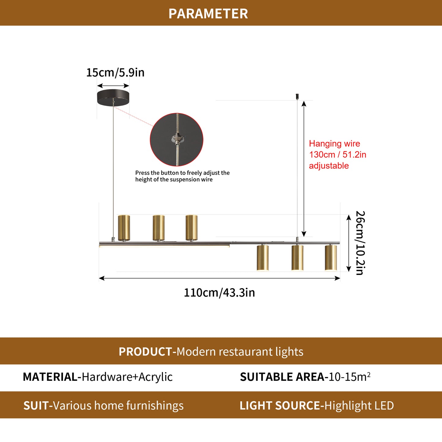 Dimmable LED Chandelier, 43'' Black Modern Chandeliers with Remote, 6-Light Linear LED (48W)