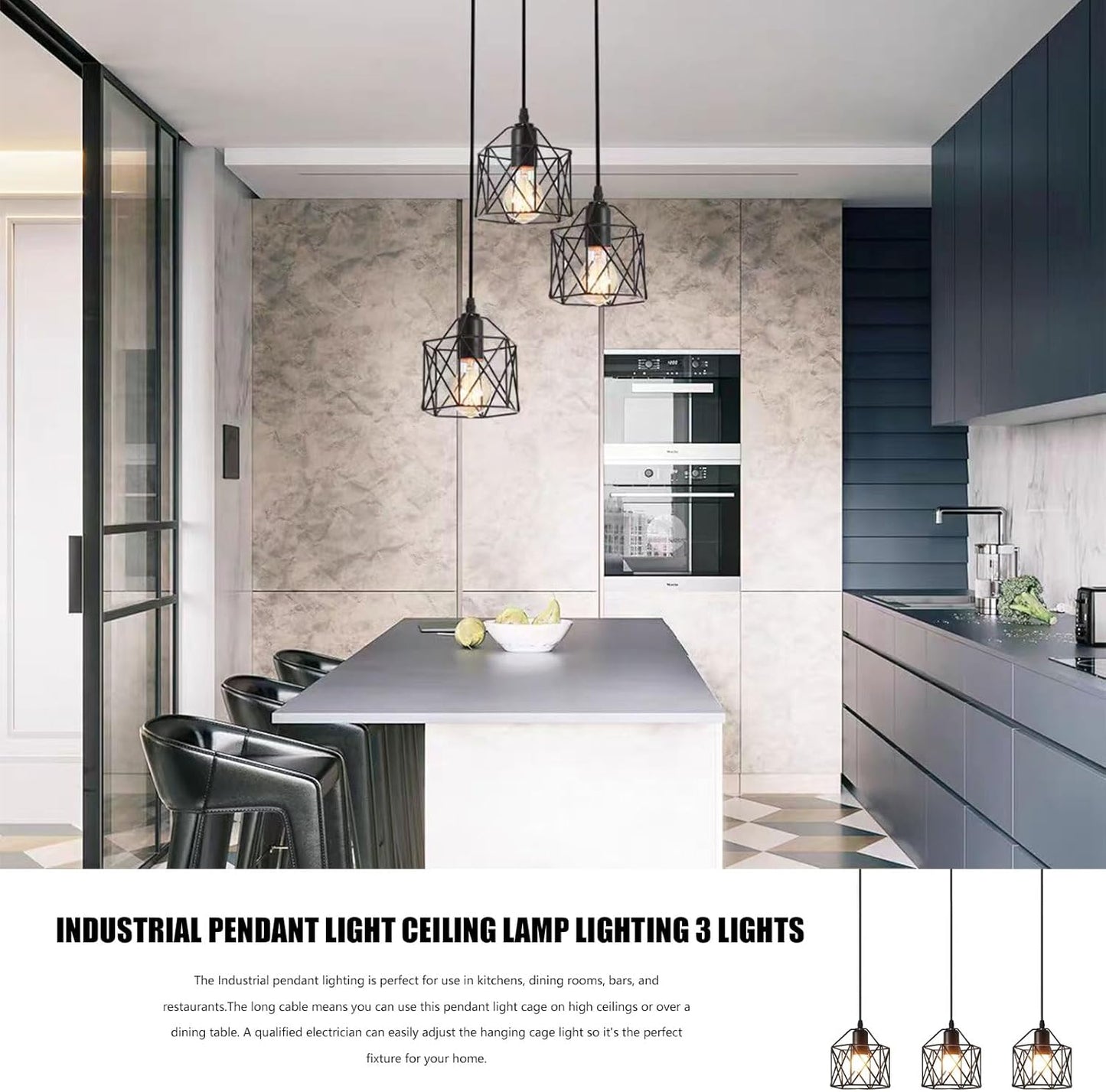 3PCS Pendant Lights Kitchen Island Industrial Pendant Light Ceiling Lamp Lighting (No Lamp)