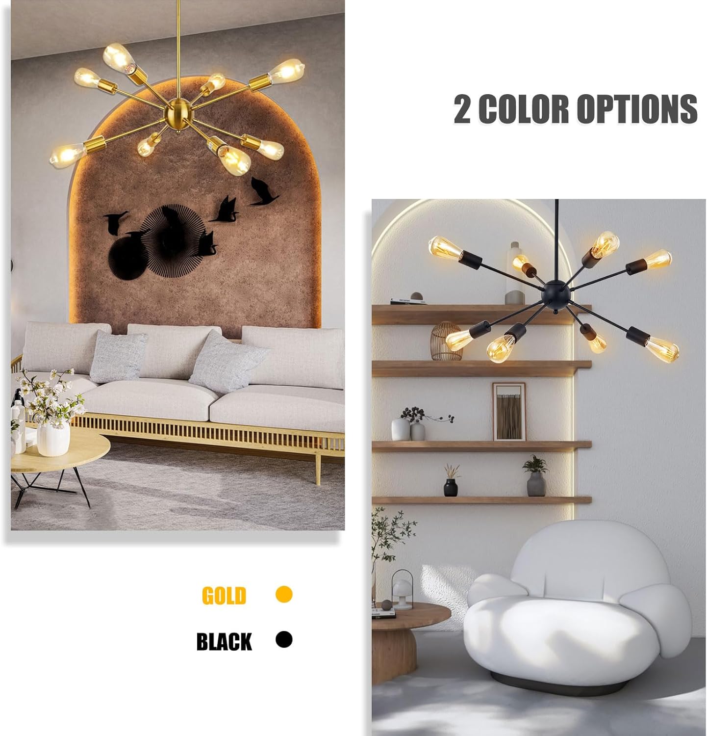 8 Lights Modern Sputnik Chandeliers, Mid Century Industrial Ceiling Light Fixture Adjustable Height Pendant Lighting for Kitchen Dining Room Living Room Bedroom