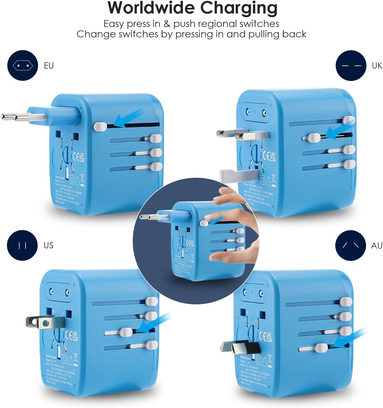 All in One Universal Travel Adapter with 2 USB C & A