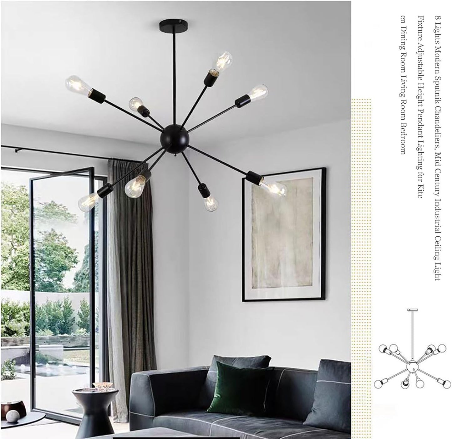 8 Lights Modern Sputnik Chandeliers, Mid Century Industrial Ceiling Light Fixture Adjustable Height Pendant Lighting for Kitchen Dining Room Living Room Bedroom