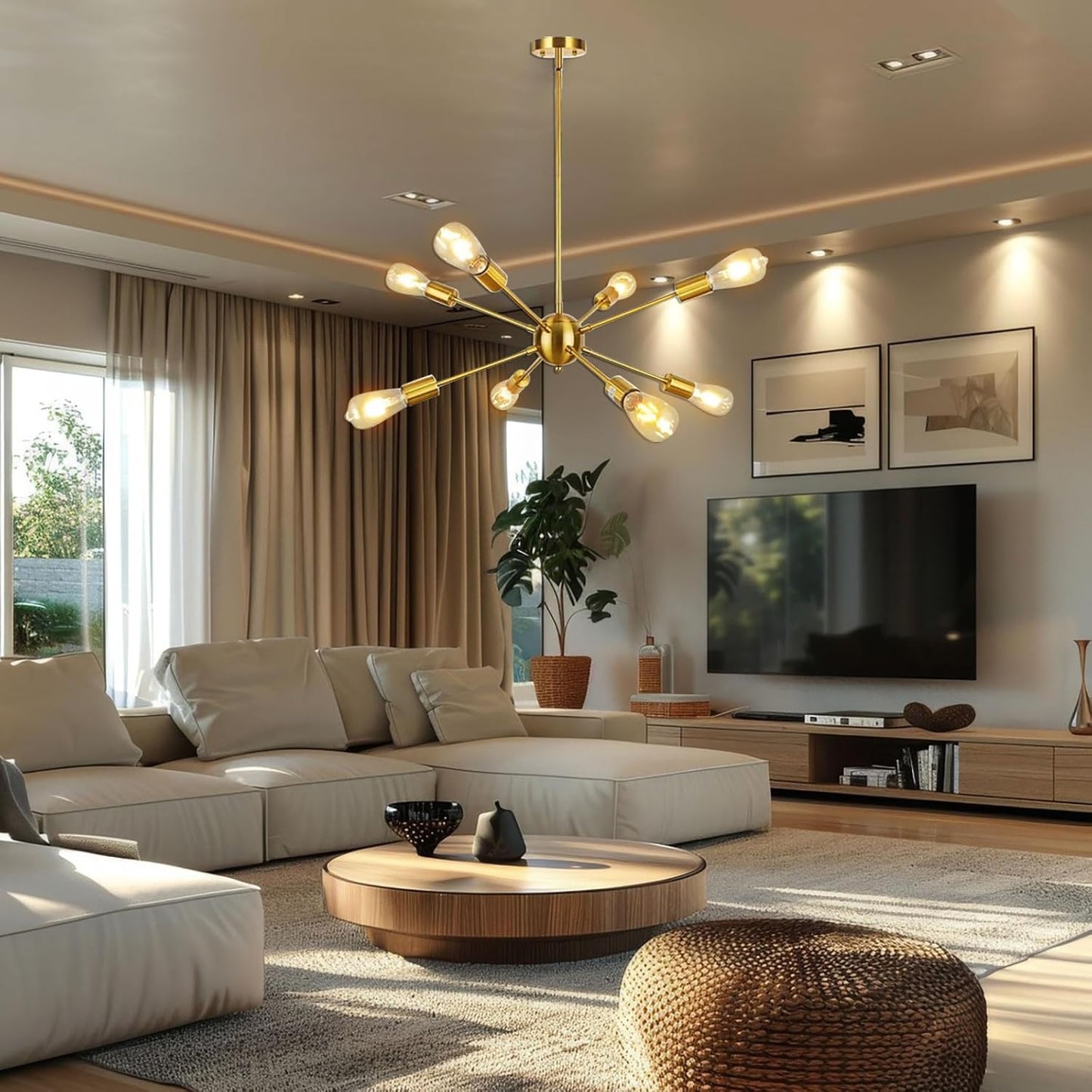8 Lights Modern Sputnik Chandeliers, Mid Century Industrial Ceiling Light Fixture Adjustable Height Pendant Lighting for Kitchen Dining Room Living Room Bedroom