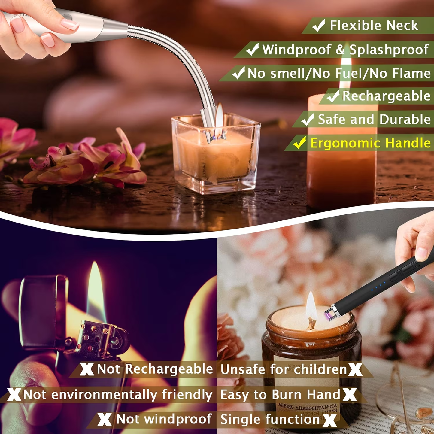 Electric Lighter Candle BBQ Rechargeable Safety Lock, 360° Flexible Long Neck