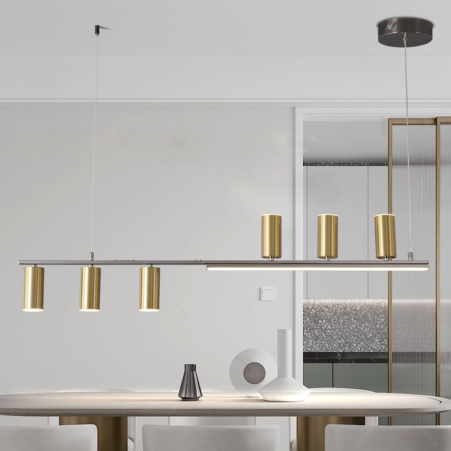 Dimmable LED Chandelier, 43'' Black Modern Chandeliers with Remote, 6-Light Linear LED (48W)