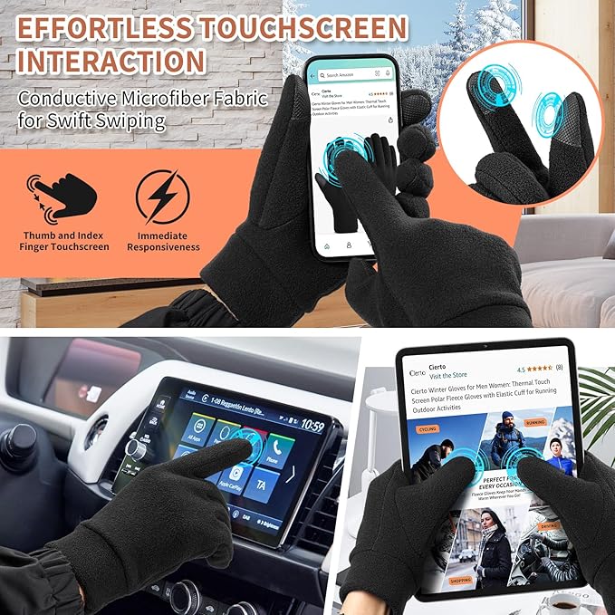 Cierto Warm Winter Gloves | Polar Fleece Thermal Gloves for Men & Women | Touchscreen Compatible